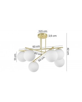 lampa sufitowa wisząca klasyczne złoto z sześcioma białymi kloszami widoczne wymiary 63 cm i wysokość 42 cm Lampit model Ledo W6