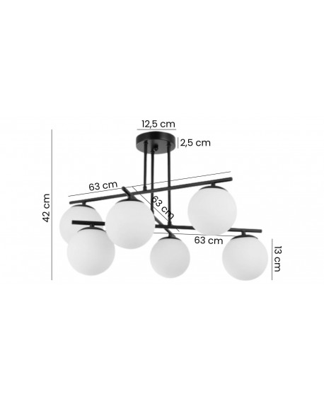lampa sufitowa wisząca czarna z sześcioma białymi kloszami, z wymiarami: wysokość 42 cm, szerokość 63 cm i średnica klosza 13 cm