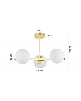 lampa wisząca LEDO W3 z trzema białymi kloszami o średnicy 13 cm zawieszona na złotej ramie o długości 45 cm