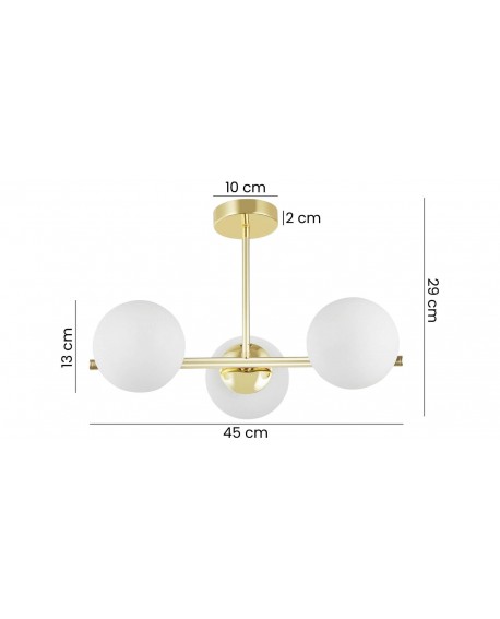 lampa wisząca LEDO W3 z trzema białymi kloszami o średnicy 13 cm zawieszona na złotej ramie o długości 45 cm