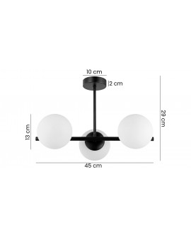 elegancka lampa sufitowa LEDO W3 z trzema białymi kulami zawieszona na czarnej ramie, wymiary 45 x 29 cm
