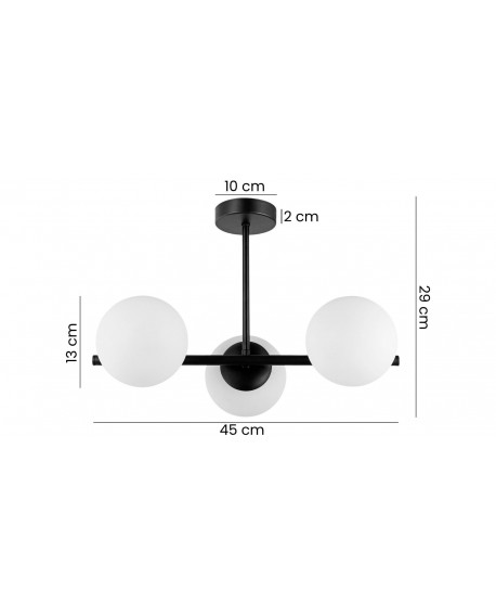 elegancka lampa sufitowa LEDO W3 z trzema białymi kulami zawieszona na czarnej ramie, wymiary 45 x 29 cm