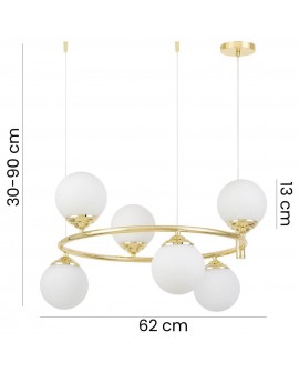 lampa wisząca Fino Ring W6 w klasycznym złocie z sześcioma białymi kulami o średnicy 13 cm, regulowana wysokość od 30 do 90 cm