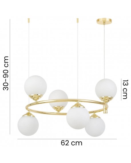 lampa wisząca Fino Ring W6 w klasycznym złocie z sześcioma białymi kulami o średnicy 13 cm, regulowana wysokość od 30 do 90 cm