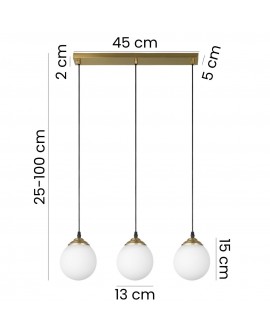 potrójna lampa wisząca Fino W3 w szczotkowanym złocie z trzema białymi kulami o średnicy 13 cm, regulowana wysokość od 25 do 100