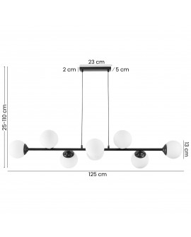 lampa wisząca Fino W8 w czarnej oprawie z sześcioma białymi kulami, regulowana wysokość od 25 do 110 cm, szerokość 125 cm