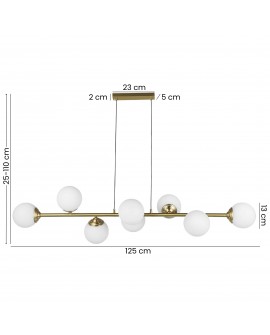 lampa wisząca Fino W8 w szczotkowanym złocie z sześcioma białymi kulami, wymiary 125 cm szerokości, regulowana wysokość od 25 cm