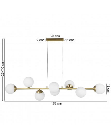 lampa wisząca Fino W8 w szczotkowanym złocie z sześcioma białymi kulami, wymiary 125 cm szerokości, regulowana wysokość od 25 cm