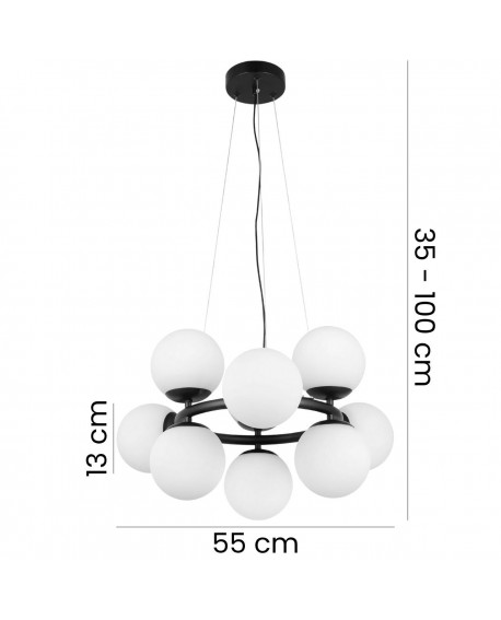 lampa wisząca LEDO W9 w czarnej oprawie z dziewięcioma białymi kulami, regulowana wysokość od 35 cm do 100 cm, średnica 55 cm