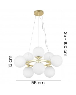 lampa wisząca LEDO W9 w klasycznym złocie z ośmioma białymi kulami, regulowana wysokość od 35 cm do 100 cm, średnica 55 cm