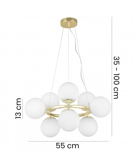 lampa wisząca LEDO W9 w klasycznym złocie z ośmioma białymi kulami, regulowana wysokość od 35 cm do 100 cm, średnica 55 cm