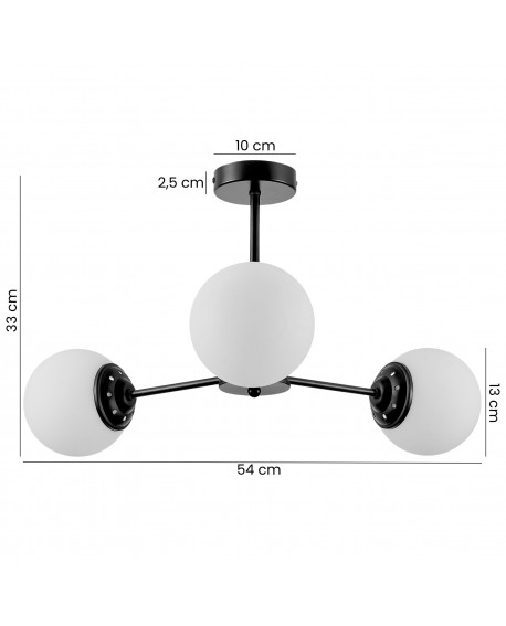 lampa wisząca Fino Ring W3 w czarnej oprawie z trzema białymi kulami, średnica 54 cm, wysokość 33 cm, nowoczesny design