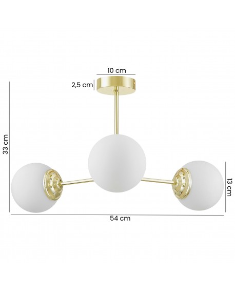 lampa wisząca Fino Ring W3 w klasycznym złocie z trzema białymi kulami, szerokość 54 cm, wysokość 33 cm, elegancka konstrukcja z