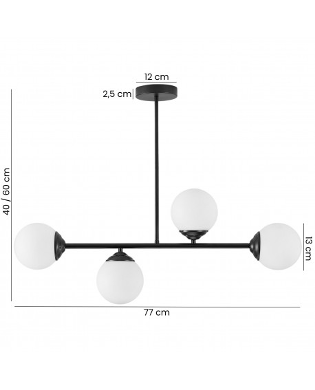 lampa wisząca Fino W4 w czarnej oprawie z trzema białymi kulami, regulowana wysokość od 40 cm do 60 cm, szerokość 77 cm
