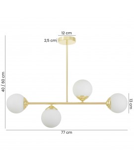 lampa wisząca Fino W4 w klasycznym złocie z czterema białymi kulami, regulowana wysokość 40-60 cm, szerokość 77 cm