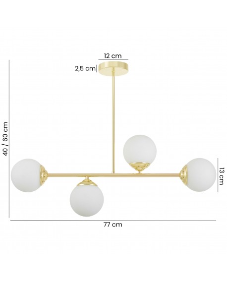 lampa wisząca Fino W4 w klasycznym złocie z czterema białymi kulami, regulowana wysokość 40-60 cm, szerokość 77 cm