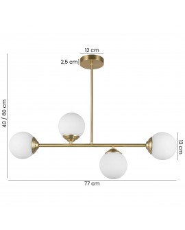 lampa wisząca Fino W4 w klasycznym złocie z trzema białymi kulami, regulowana wysokość 40-60 cm, szerokość 77 cm
