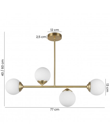 lampa wisząca Fino W4 w klasycznym złocie z trzema białymi kulami, regulowana wysokość 40-60 cm, szerokość 77 cm