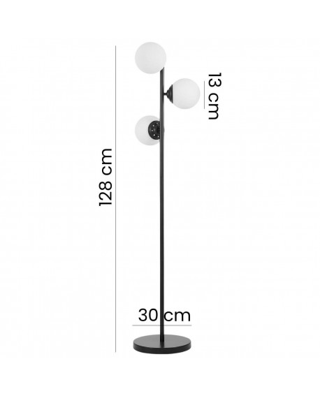 lampa stojąca podłogowa czarna z trzema białymi kulami wysoka konstrukcja 128 cm średnica podstawy 30 cm model Fino W3 od Lampit