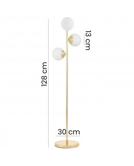 Lampa stojąca podłogowa klasyczne złoto Fino W3 z dwoma białymi kulami, wysokość 128 cm, średnica podstawy 30 cm