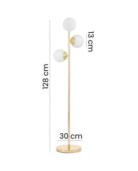 Lampa stojąca podłogowa klasyczne złoto Fino W3 z dwoma białymi kulami, wysokość 128 cm, średnica podstawy 30 cm