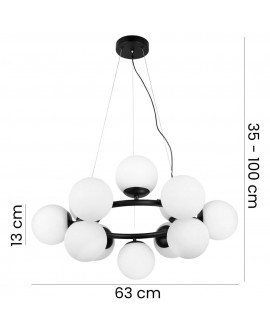 Lampa wisząca z 10 białymi kulami na czarnej ramie, wymiary 63 cm szerokości i 35-100 cm wysokości, nowoczesny żyrandol Lampit