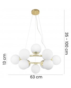 Lampa wisząca z 10 białymi kulami na złotej ramie, średnica 63 cm, regulowana wysokość 35-100 cm, elegancki design