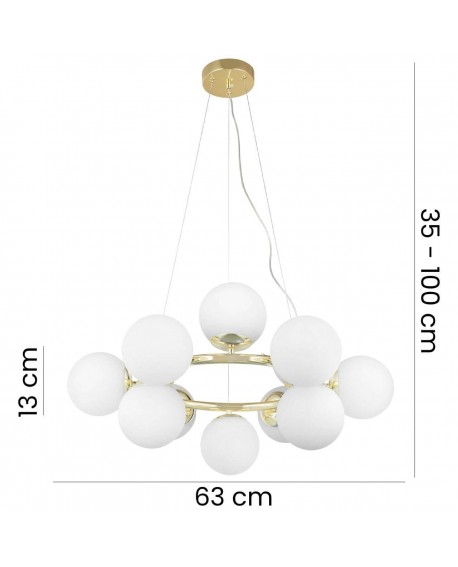 Lampa wisząca z 10 białymi kulami na złotej ramie, średnica 63 cm, regulowana wysokość 35-100 cm, elegancki design