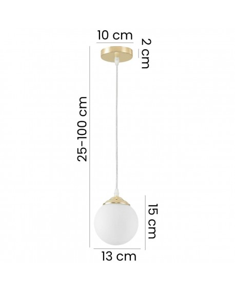 Lampa wisząca Lampit z białą kulą i złotym wykończeniem, regulowana wysokość 25-100 cm, średnica 13 cm