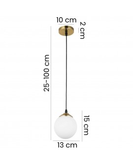Nowoczesna lampa wisząca Lampit z białą kulą i złotym wykończeniem, regulowana wysokość 25-100 cm, średnica 13 cm