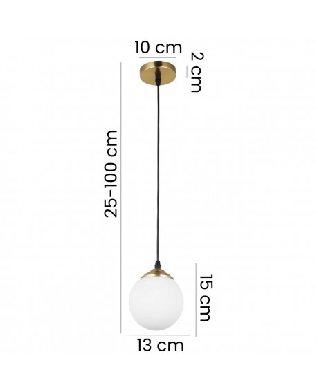 Nowoczesna lampa wisząca Lampit z białą kulą i złotym wykończeniem, regulowana wysokość 25-100 cm, średnica 13 cm