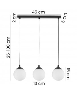 Lampa wisząca z trzema białymi kulami na czarnej podstawie, regulowana wysokość 25-100 cm, nowoczesny design
