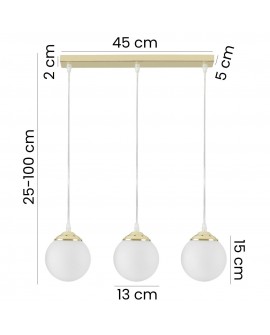Lampa wisząca z trzema kulistymi kloszami o średnicy 13 cm w złotym wykończeniu, regulowana wysokość 25-100 cm.