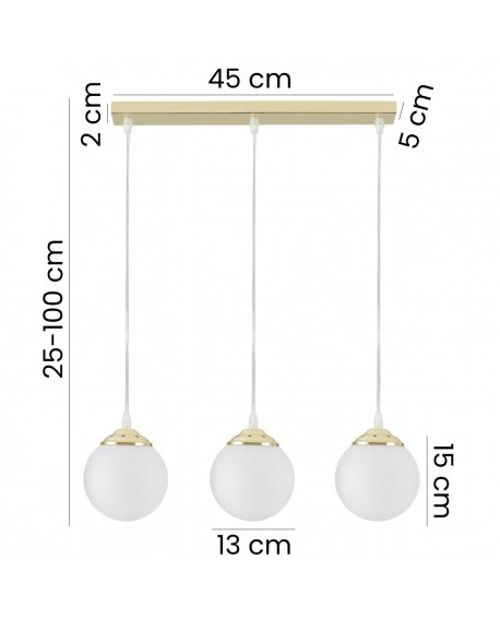 Lampa wisząca z trzema kulistymi kloszami o średnicy 13 cm w złotym wykończeniu, regulowana wysokość 25-100 cm.