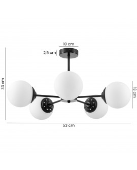 lampa wisząca Fino Ring W5 w czarnej oprawie z pięcioma białymi kulami, szerokość 53 cm, wysokość 33 cm