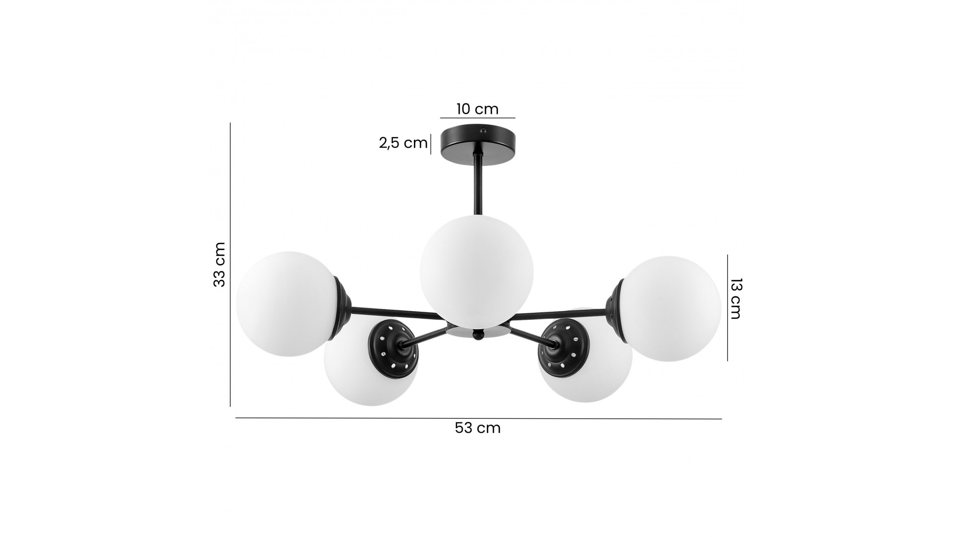 lampa wisząca Fino Ring W5 w czarnej oprawie z pięcioma białymi kulami, szerokość 53 cm, wysokość 33 cm