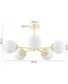 lampa wisząca Fino Ring W5 w klasycznym złocie z pięcioma białymi kulami, szerokość 53 cm, wysokość 33 cm, elegancka konstrukcja