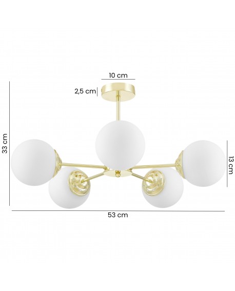 lampa wisząca Fino Ring W5 w klasycznym złocie z pięcioma białymi kulami, szerokość 53 cm, wysokość 33 cm, elegancka konstrukcja