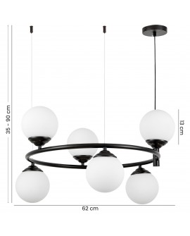lampa wisząca Fino Ring W6 w czarnej oprawie z sześcioma białymi kulami, regulowana wysokość 35-90 cm, średnica 62 cm