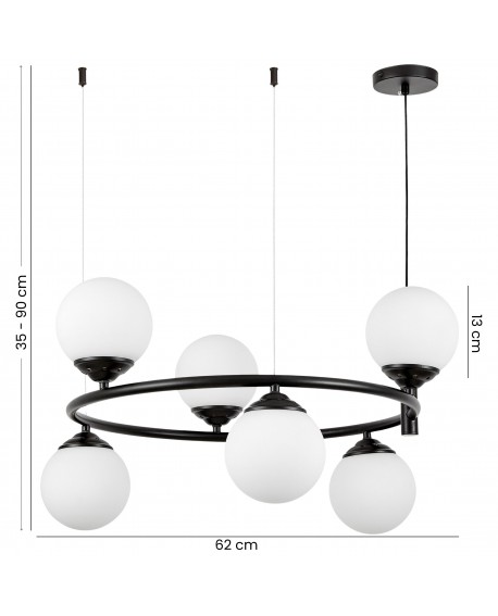 lampa wisząca Fino Ring W6 w czarnej oprawie z sześcioma białymi kulami, regulowana wysokość 35-90 cm, średnica 62 cm