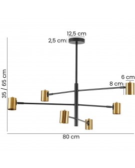lampa sufitowa czarno-złota Dora W6, sześć źródeł światła regulowana wysokość 35-65 cm szerokość 80 cm