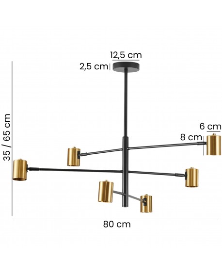 lampa sufitowa czarno-złota Dora W6, sześć źródeł światła regulowana wysokość 35-65 cm szerokość 80 cm