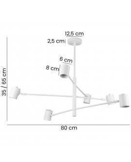 lampa sufitowa wisząca biała Dora W6, sześć źródeł światła, regulowana wysokość 35-65 cm, szerokość 80 cm