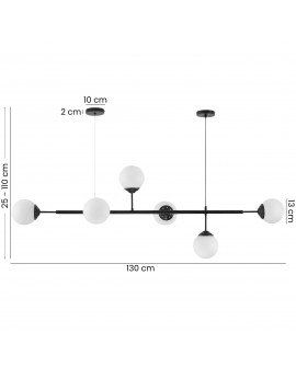 lampa wisząca Fino W6 czarna od Lampit sześć białych kul długość 130 cm wysokość regulowana 25-110 cm średnica kul 10 cm