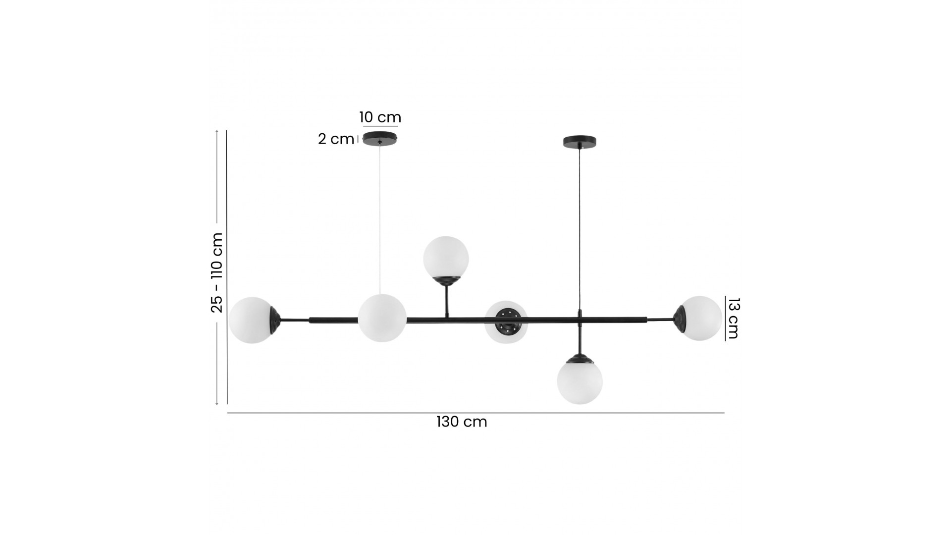 lampa wisząca Fino W6 czarna od Lampit sześć białych kul długość 130 cm wysokość regulowana 25-110 cm średnica kul 10 cm