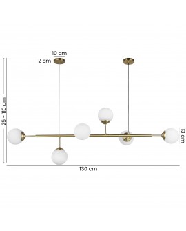 lampa wisząca Fino W6 od Lampit w szczotkowanym złocie z pięcioma białymi kulami, długość 130 cm, regulowana wysokość 25-110 cm