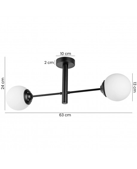 lampa sufitowa Fino W2 od Lampit z dwoma białymi kulami o średnicy 13 cm na czarnej ramie o długości 63 cm