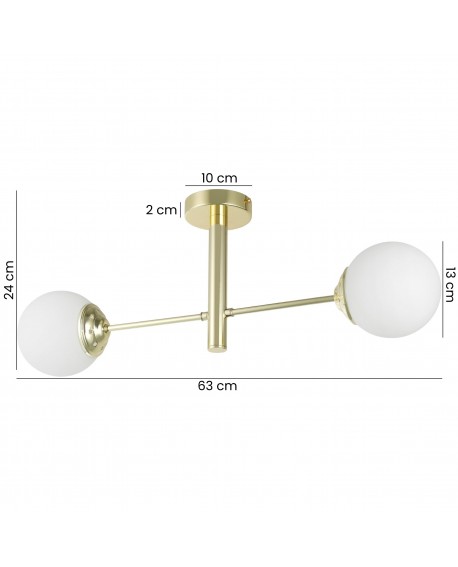 lampa sufitowa wisząca klasyczne złoto Fino W2 od Lampit z dwoma białymi kulami o średnicy 13 cm na złotej ramie o długości 63cm