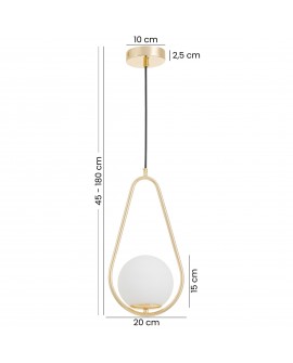 Lampa wisząca VERO 1C Lampit z regulowaną wysokością 45-180 cm, złota oprawa z białym szklanym kloszem.