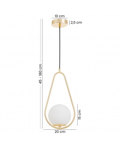 Lampa wisząca VERO 1C Lampit z regulowaną wysokością 45-180 cm, złota oprawa z białym szklanym kloszem.